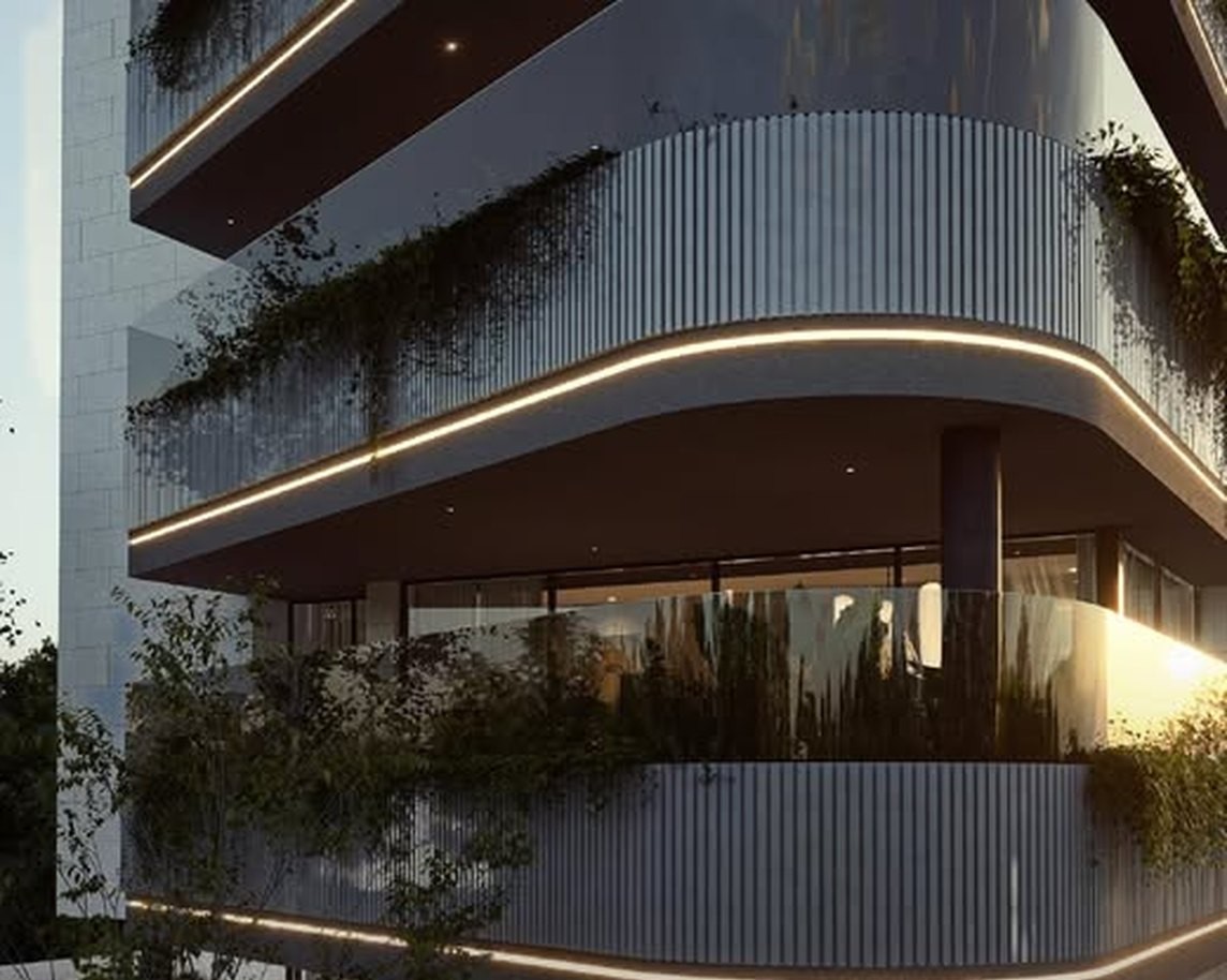 Stacked balconies with LED strip lighting and cascading planting at Jabal Amman 4, Amman